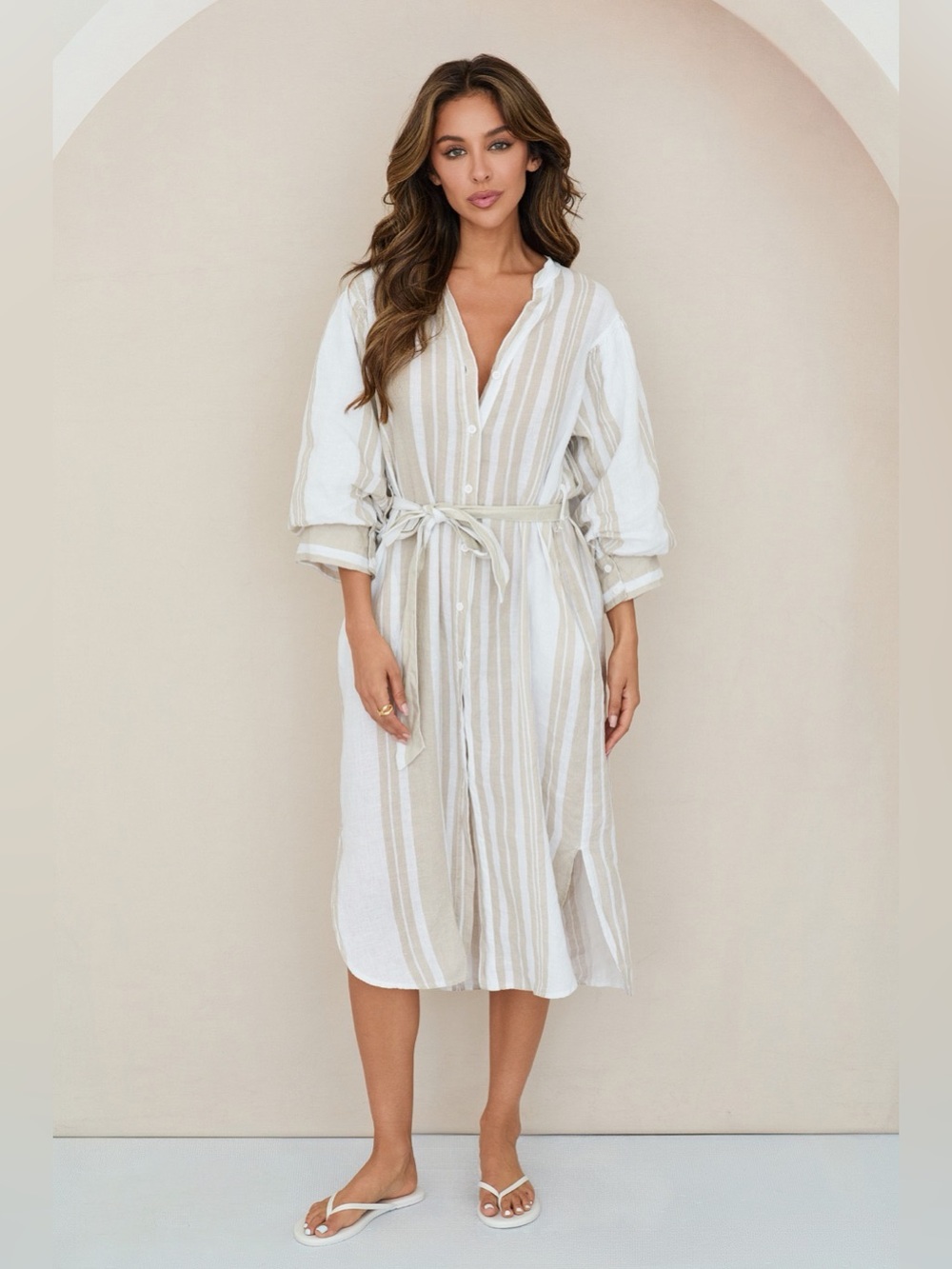 (155160-1-STRIPE-W/B) STRIPE BUBBLE SLEEVE LINEN DRESS WITH TIE BELT